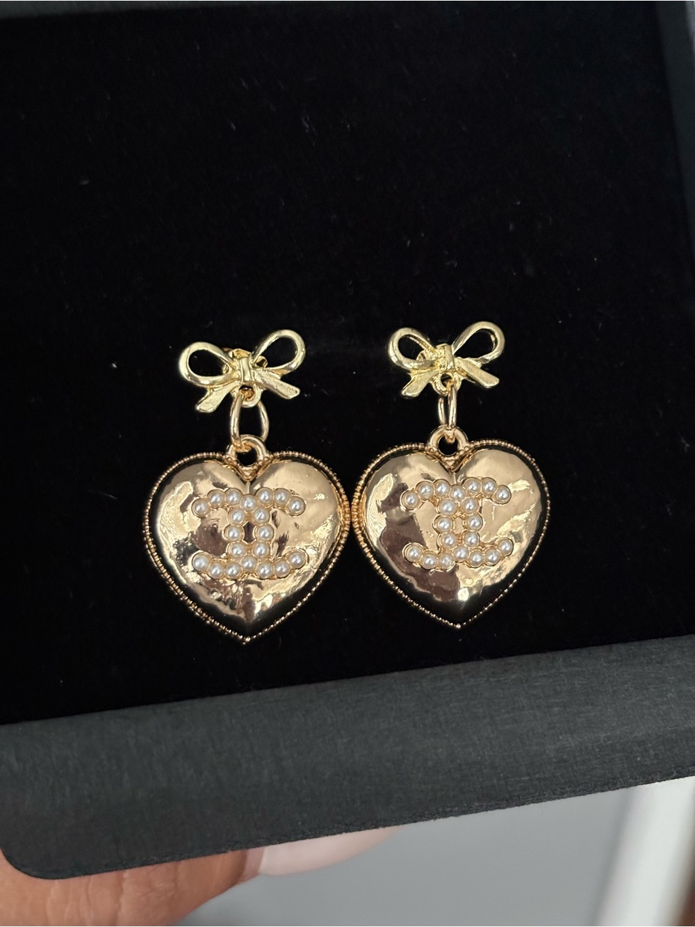 Gold Heart Drop Earrings with Pearl Logo and Bow Accent - Picture 3 of 5